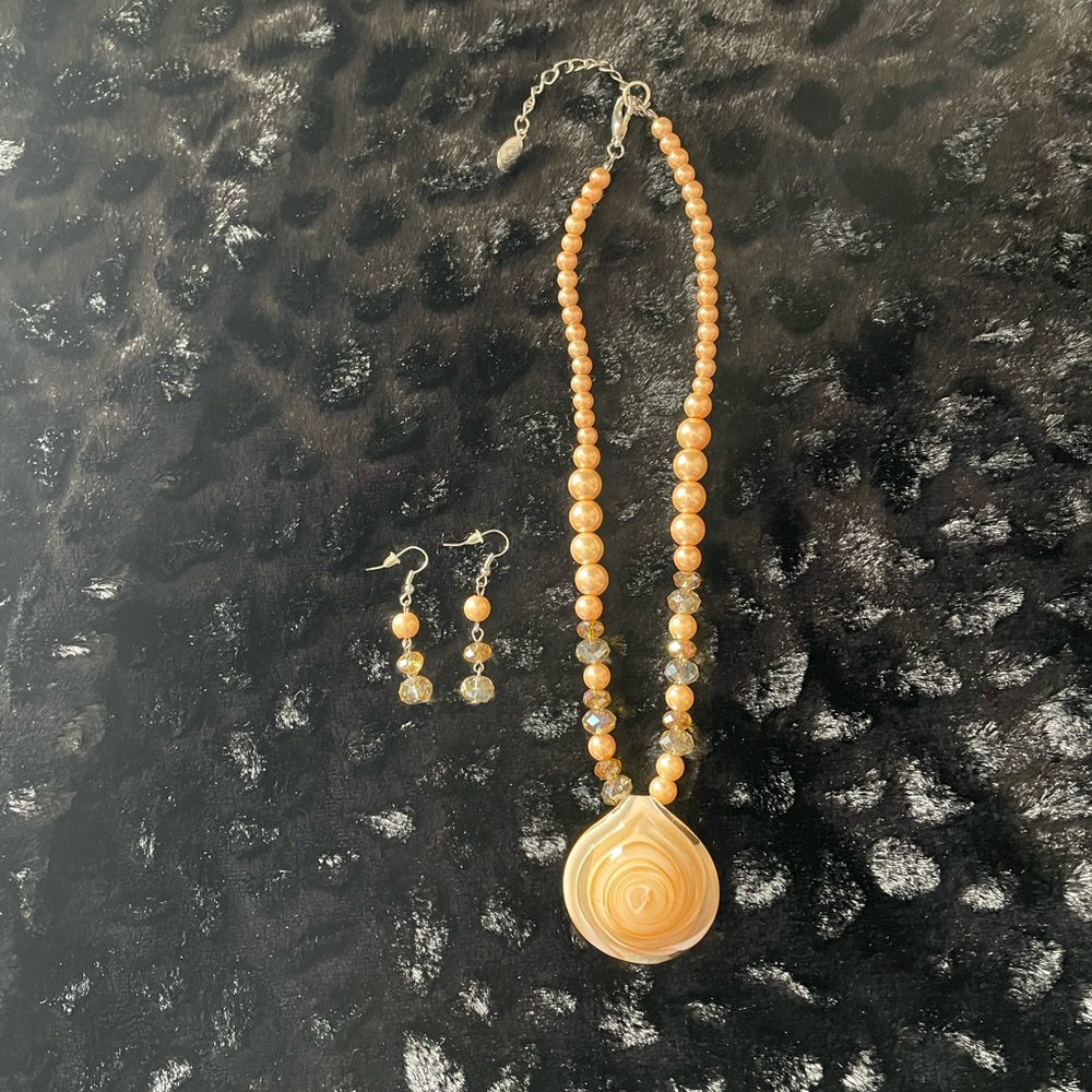 Peach Beaded Pendant Necklace and Earring Set - Women Jewelry